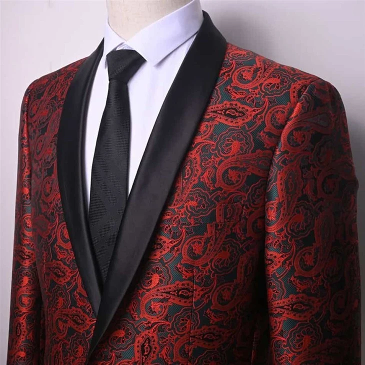 Elegant Paisley Jacquard Suit Fabric – F142 Black Satin Lapel Formal Blazer suppliers